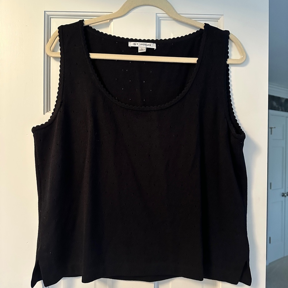 St. John Black Textured Shell Knit Scallop and Eyelet Accents